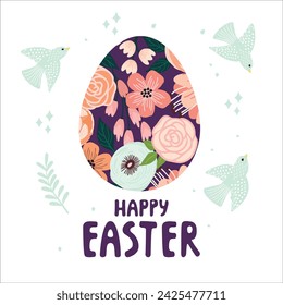 Feliz Pascua tarjeta de felicitación de dibujos animados con huevo decorado, pájaros y letras de mano. Fondo de primavera con linda composición animal y floral. Imprimir en tela y papel. Dibujado a mano ilustración en blanco.