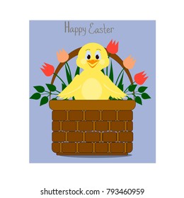 Happy easter cartoon greeting card. Cute chicken in a basket with tulips.