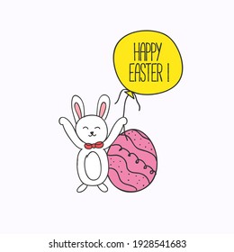 Feliz Pascua. Conejo de dibujo a mano con huevo de Pascua y globo. Ilustración del vector 
