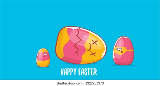 Happy easter cartoon horizontal banner with color cartoon eggs character isolate on blue background. Vector Happy easter creative concept illustration