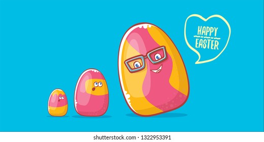 Happy easter cartoon horizontal banner with color cartoon eggs character isolate on blue background. Vector Happy easter creative concept illustration