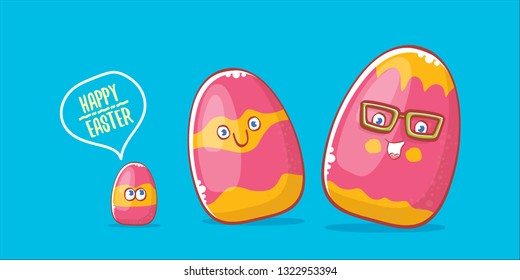 Happy easter cartoon horizontal banner with color cartoon eggs character isolate on blue background. Vector Happy easter creative concept illustration