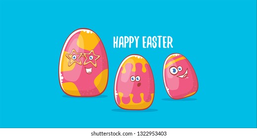 Happy easter cartoon horizontal banner with color cartoon eggs character isolate on blue background. Vector Happy easter creative concept illustration