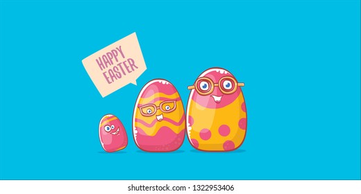 Happy easter cartoon horizontal banner with color cartoon eggs character isolate on blue background. Vector Happy easter creative concept illustration