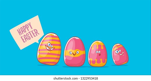 Happy easter cartoon horizontal banner with color cartoon eggs character isolate on blue background. Vector Happy easter creative concept illustration