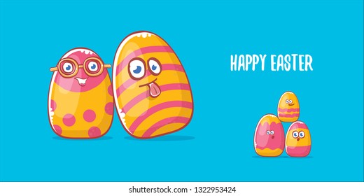Happy easter cartoon horizontal banner with color cartoon eggs character isolate on blue background. Vector Happy easter creative concept illustration