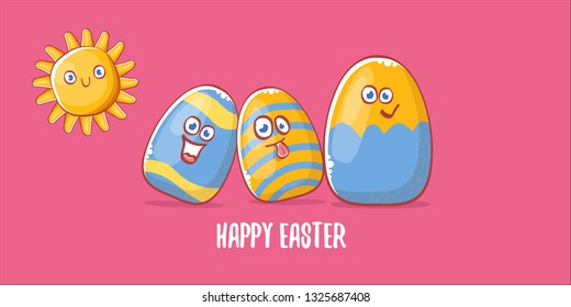 Happy easter cartoon horizontal banner with color cartoon eggs character isolate on pink background. Vector Happy easter creative concept illustration 