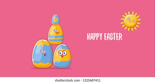 Happy easter cartoon horizontal banner with color cartoon eggs character isolate on pink background. Vector Happy easter creative concept illustration 