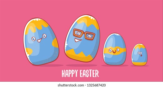 Happy easter cartoon horizontal banner with color cartoon eggs character isolate on pink background. Vector Happy easter creative concept illustration 