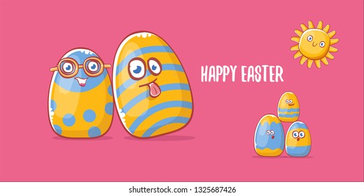 Happy easter cartoon horizontal banner with color cartoon eggs character isolate on pink background. Vector Happy easter creative concept illustration 