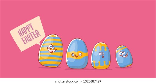 Happy easter cartoon horizontal banner with color cartoon eggs character isolate on pink background. Vector Happy easter creative concept illustration 