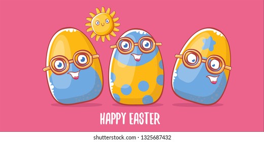 Happy easter cartoon horizontal banner with color cartoon eggs character isolate on pink background. Vector Happy easter creative concept illustration 