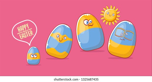 Happy easter cartoon horizontal banner with color cartoon eggs character isolate on pink background. Vector Happy easter creative concept illustration 