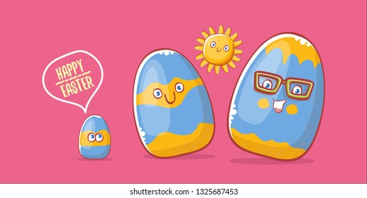 Happy easter cartoon horizontal banner with color cartoon eggs character isolate on pink background. Vector Happy easter creative concept illustration 