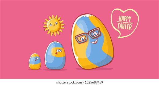 Happy easter cartoon horizontal banner with color cartoon eggs character isolate on pink background. Vector Happy easter creative concept illustration 