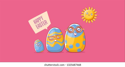Happy easter cartoon horizontal banner with color cartoon eggs character isolate on pink background. Vector Happy easter creative concept illustration 