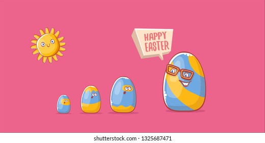 Happy easter cartoon horizontal banner with color cartoon eggs character isolate on pink background. Vector Happy easter creative concept illustration 
