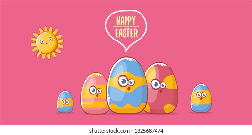 Happy easter cartoon horizontal banner with color cartoon eggs character isolate on pink background. Vector Happy easter creative concept illustration 