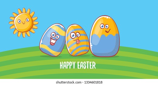Happy easter cartoon horizontal banner with color cartoon eggs on green field background. Vector Happy easter creative concept illustration 
