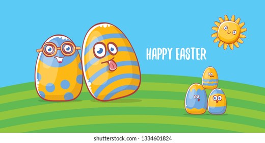 Happy easter cartoon horizontal banner with color cartoon eggs on green field background. Vector Happy easter creative concept illustration 