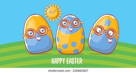 Happy easter cartoon horizontal banner with color cartoon eggs on green field background. Vector Happy easter creative concept illustration 