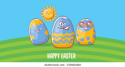 Happy easter cartoon horizontal banner with color cartoon eggs on green field background. Vector Happy easter creative concept illustration 