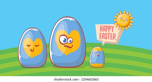 Happy easter cartoon horizontal banner with color cartoon eggs on green field background. Vector Happy easter creative concept illustration 