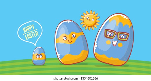 Happy easter cartoon horizontal banner with color cartoon eggs on green field background. Vector Happy easter creative concept illustration 