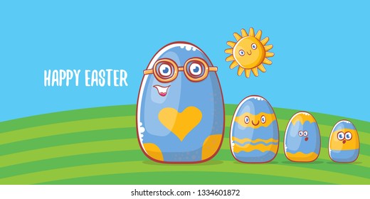Happy easter cartoon horizontal banner with color cartoon eggs on green field background. Vector Happy easter creative concept illustration 