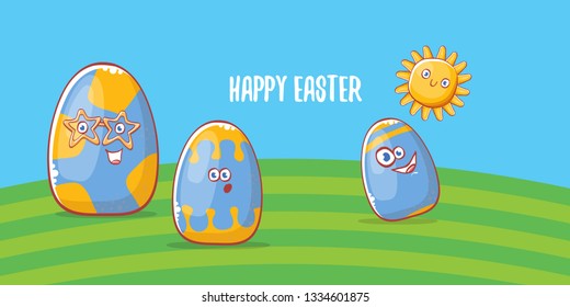 Happy easter cartoon horizontal banner with color cartoon eggs on green field background. Vector Happy easter creative concept illustration 