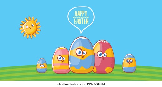 Happy easter cartoon horizontal banner with color cartoon eggs on green field background. Vector Happy easter creative concept illustration 