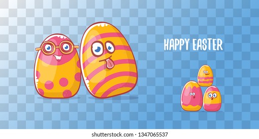 Happy easter cartoon horizontal banner with color cartoon eggs character isolate on transparent background. Vector Happy easter creative concept illustration