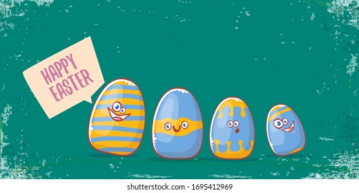 Happy easter cartoon horizontal banner with color cartoon eggs character isolate on grunge turquoise  background. Vector Happy easter creative concept illustration