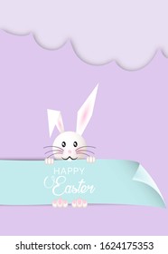 Happy Easter cartoon, paper cut style, white Rabbit and colorful template, flat design, outline drawing. Easter Bunny greeting card, vector holidays background