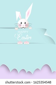 Happy Easter cartoon, paper cut style, white Rabbit and colorful template, flat design, outline drawing. Easter Bunny greeting card and cutting eggs silhouette, vector holidays background