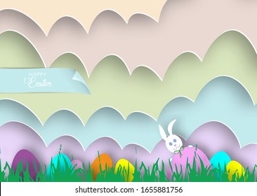 Happy Easter cartoon, paper cut style, white Rabbit and colorful template, flat design, outline drawing. Easter Bunny greeting card and cutting eggs silhouette, vector holidays background