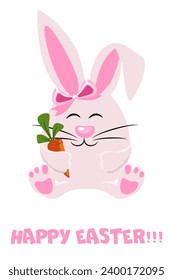 Happy Easter, Cartoon Rabbit with carrot. Flat Cartoon Style