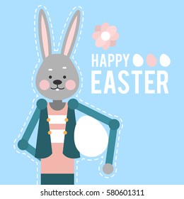 Happy Easter. Cartoon rabbit with egg on yellow background. Card template for the oldest christian holiday. Vector illustration.