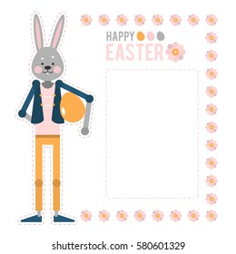 Happy Easter. Cartoon rabbit with egg. Template cards for the oldest Christian holiday. Vector illustration on a white background.