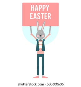 Happy Easter. Cartoon rabbit with pink label. Template for holiday cards. Vector illustration.