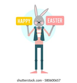 Happy Easter. Cartoon rabbit with pink label. Template for holiday cards. Vector illustration.