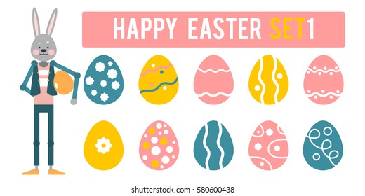 Happy Easter. Cartoon rabbit presents a different set of eggs. Vector illustration in flat style.