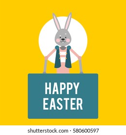 Happy Easter. Cartoon rabbit with signs on a yellow background. Template for holiday cards. Vector illustration.