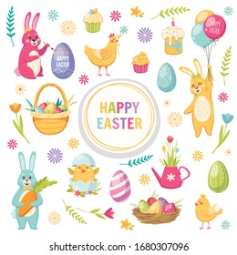 Happy Easter cartoon set with basket hare flowers and eggs isolated vector illustration