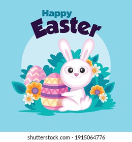 Happy Easter. Easter cartoon smiling bunny with easter egg in light blue background