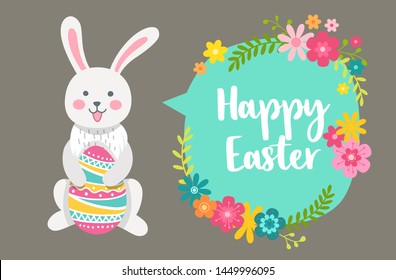 Happy Easter. Cartoon style easter cute vector bunny, eggs and flowers greeting card