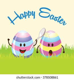 Happy Easter cartoon, two eggs 