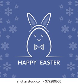 Happy easter cartoon vector card illustration with easter egg, easter bunny ears and font.