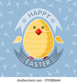 Happy easter cartoon vector card illustration with easter egg, easter chick and font.