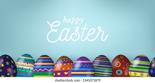 Happy Easter cartoon web banner vector template. Holiday celebration invitation poster with text space. Easter eggs, pysanka with patterns. Colorful ethnic and modern ornaments. Festive greeting card